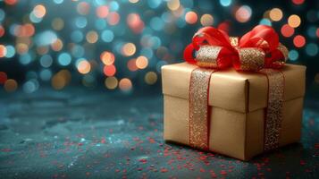 ai gegenereerd rood geschenk doos boven Kerstmis boom foto