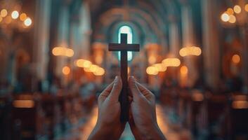 ai gegenereerd handen Holding een kruis in een kerk. christen religie concept. foto