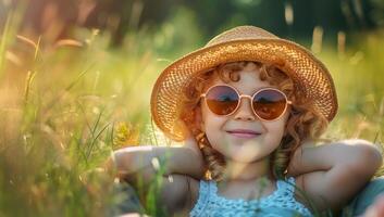 ai gegenereerd portret van een mooi weinig meisje in een rietje hoed en zonnebril. foto