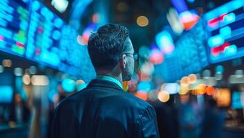 ai gegenereerd zakenman op zoek Bij de voorraad markt Aan de achtergrond van de nacht stad foto