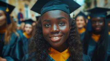 ai gegenereerd groep van Dames in diploma uitreiking petten en jurken foto