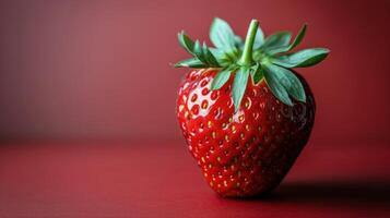 ai gegenereerd rood aardbei met groen stam Aan rood achtergrond foto