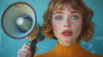 ai gegenereerd vrouw met rood haar- Holding geel en groen megafoon foto