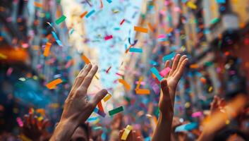 ai gegenereerd confetti vallend Aan menigte Bij muziek- festival foto