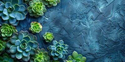 ai gegenereerd sappig planten Aan blauw getextureerde achtergrond. top visie. foto