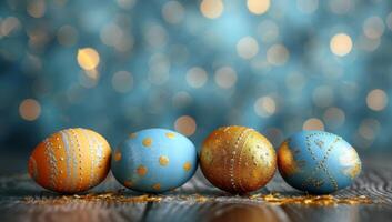 ai gegenereerd vier versierd Pasen eieren Aan een houten tafel tegen een blauw sparkly achtergrond foto