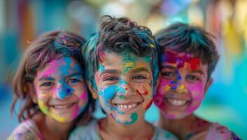 ai gegenereerd portret van een groep van gelukkig kinderen met holi geschilderd gezichten foto
