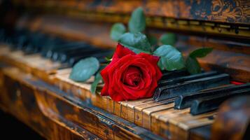 ai gegenereerd rood roos Aan top van piano foto