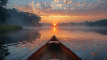 ai gegenereerd boot het zeilen Aan rivier- Bij zonsondergang foto