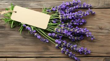 ai gegenereerd lavendel bloemen Aan houten tafel foto