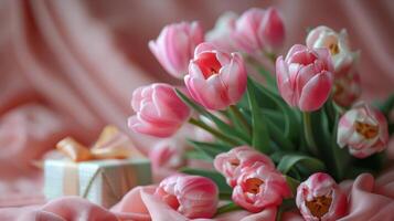 ai gegenereerd roze tulpen boeket Aan roze kleding foto