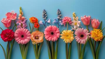 ai gegenereerd rij van kleurrijk bloemen Aan blauw achtergrond foto