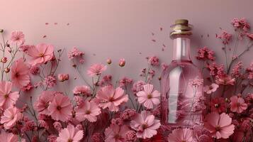 ai gegenereerd roze bloemen in fles Aan roze achtergrond foto