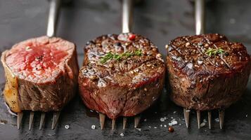 ai gegenereerd drie steaks grillen met vork foto