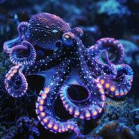 ai gegenereerd gloeiend Octopus in donker water foto
