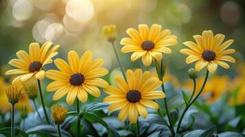 ai gegenereerd veld- vol van geel bloemen onder bewolkt lucht foto