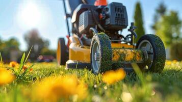 ai gegenereerd rood gazon maaier Aan groen veld- foto