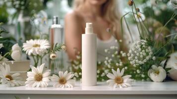 ai gegenereerd fles van lotion omringd door bloemen en vlinders foto