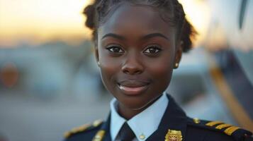 ai gegenereerd glimlachen vrouw in uniform foto