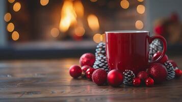 ai gegenereerd koffie kop naast Kerstmis boom foto