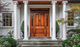 ai gegenereerd de hoofd Ingang deur van de huis Kenmerken een charmant houten voorkant deur met een met puntgevel veranda en landen. foto