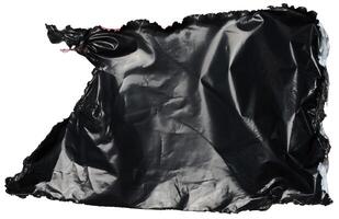 gescheurd stuk van zwart polyethyleen Aan geïsoleerd achtergrond foto