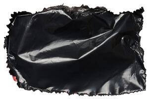 gescheurd stuk van zwart polyethyleen Aan geïsoleerd achtergrond foto