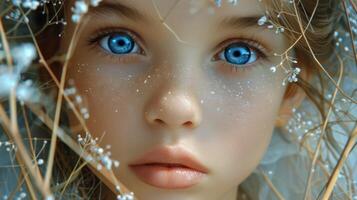 ai gegenereerd jong meisje met blauw ogen in tarwe veld- foto