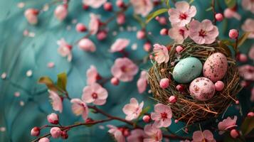 ai gegenereerd nest van eieren Aan roze bloemen foto