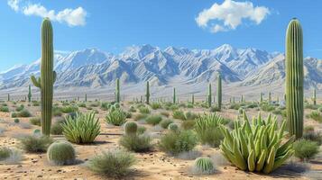 ai gegenereerd woestijn landschap met cactus en bergen foto