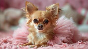 ai gegenereerd klein hond zittend Aan verdieping in roze tutu. foto