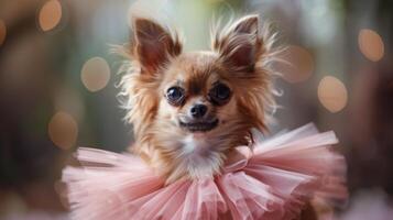 ai gegenereerd klein hond zittend Aan verdieping in roze tutu. foto