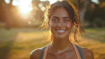 ai gegenereerd glimlachen vrouw in oranje tank top foto