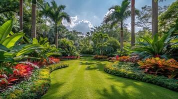 ai gegenereerd tropisch tuin traject met palm bomen foto