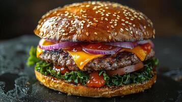 ai gegenereerd klassiek cheeseburger met uien, tomaten, en sla foto