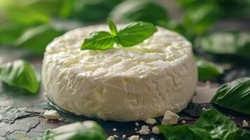 ai gegenereerd Mozzarella bal Aan groen bladeren foto