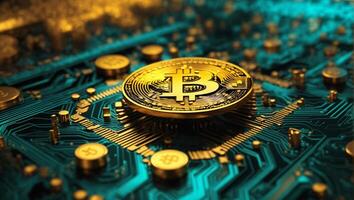 ai gegenereerd bitcoin cryptogeld digitaal geld gouden munt technologie concept cryptogeld bitcoin foto