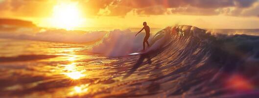 ai gegenereerd surfer Aan de oceaan Golf Bij zonsondergang foto