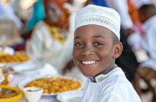 ai gegenereerd familie hebben lunch samen gedurende Ramadan foto