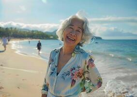 ai gegenereerd portret van gelukkig senior Aziatisch vrouw glimlachen Aan de strand Bij zonsondergang foto