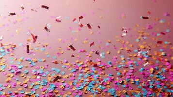 ai gegenereerd levendig confetti en slingers Aan roze achtergrond foto