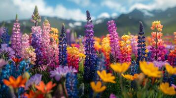 ai gegenereerd kleurrijk bloemen veld- onder zon foto