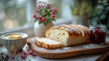 ai gegenereerd brood van brood Aan houten snijdend bord foto