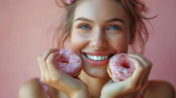 ai gegenereerd vrouw Holding twee roze donuts foto