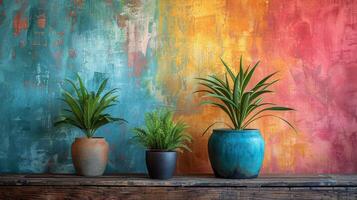 ai gegenereerd drie ingemaakt planten Aan plank tegen kleurrijk muur foto