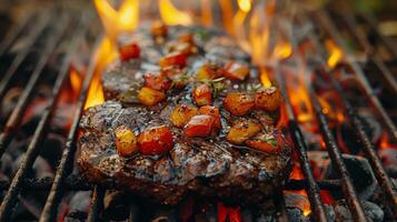 ai gegenereerd gegrild steak Koken met groenten foto