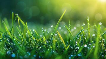 ai gegenereerd dauw bedekt gras met zon achtergrond foto