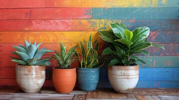 ai gegenereerd drie ingemaakt planten Aan plank tegen kleurrijk muur foto