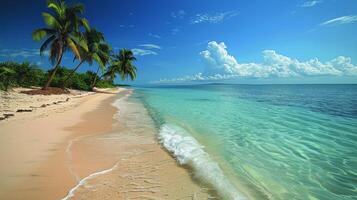 ai gegenereerd tropisch strand met palm bomen en Doorzichtig water foto