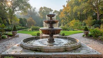 ai gegenereerd fontein in park omringd door bomen foto